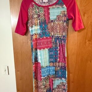 LuLaRoe Red Sleeve Patchwork Midi Dress